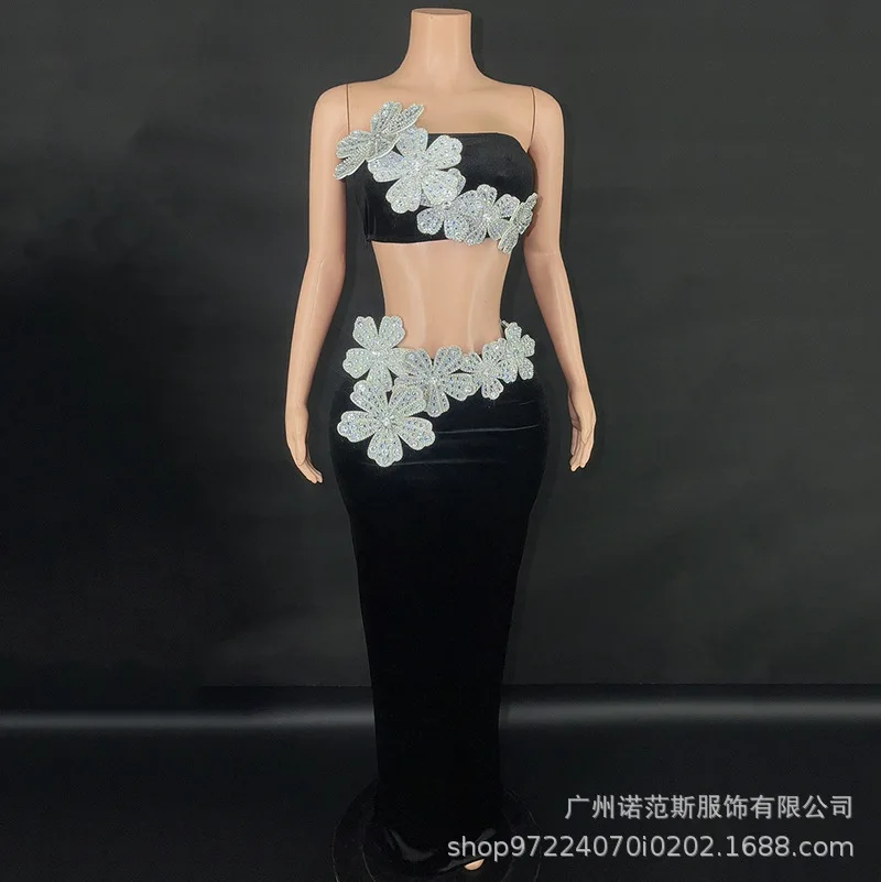 

2025Сексуальное черное платье с бриллиантами в стиле Хепберн, маленькое черное платье, черная модная одежда, одежда для подиума, певица