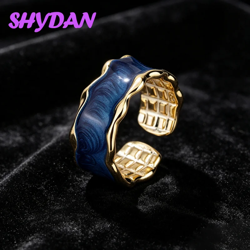 SHYDAN 925 Sterling Silver 18K Gold Wave Enamel Open Rings For Women Fashion Jewelry