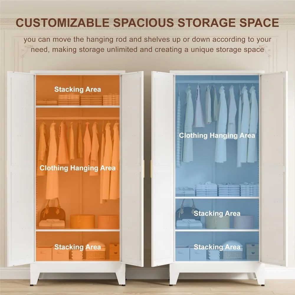 خزانة ملابس معدنية قائمة بذاتها بطول 71 بوصة مع أرفف قابلة للتعديل وقضيب تعليق، وخزانة خزانة ببابين لغرفة النوم
