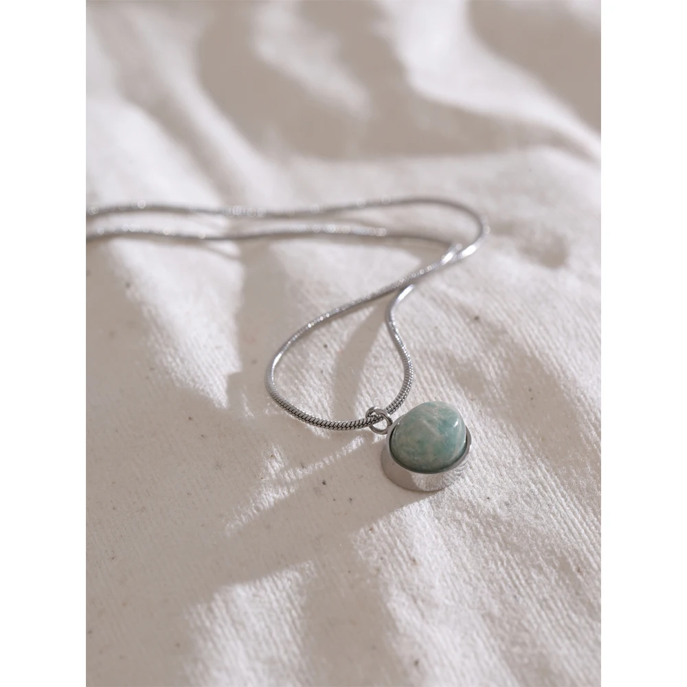 NiNice Natural Amazonite Stone Oval Pendant Necklace Waterproof Stainless Steel Chic Fashion Jewelry for Women Accessories