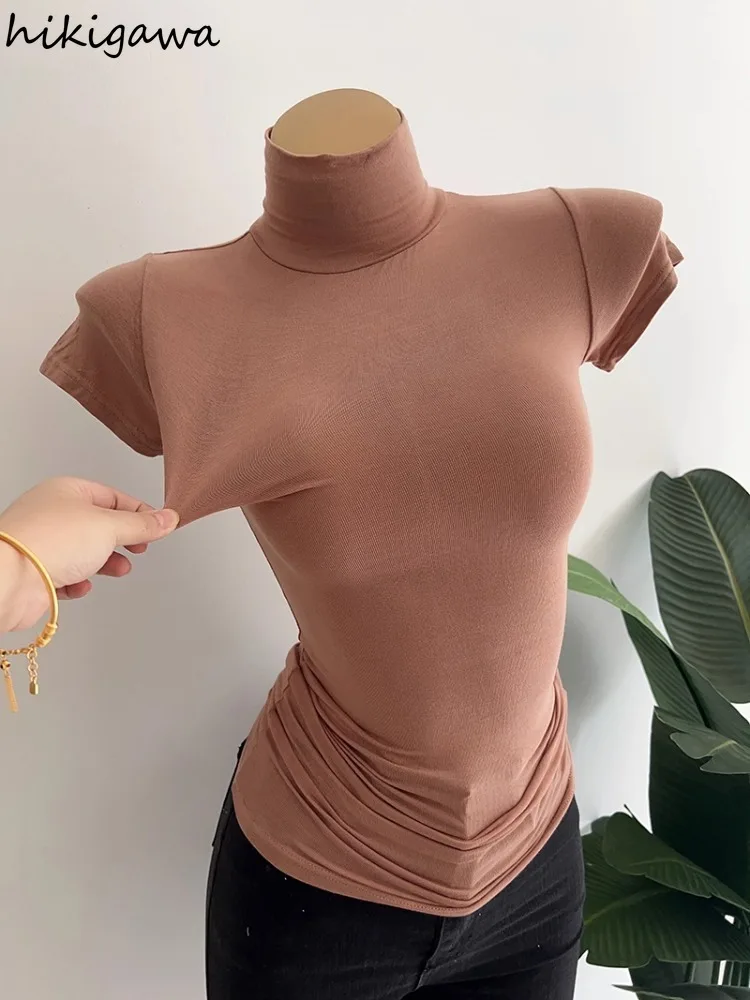

Fashion Turtleneck Tshirts for Women 2025 Ropa Mujer Short Sleeve Tunic Camisetas Solid Color Thin Summer T-shirts Korean Tops