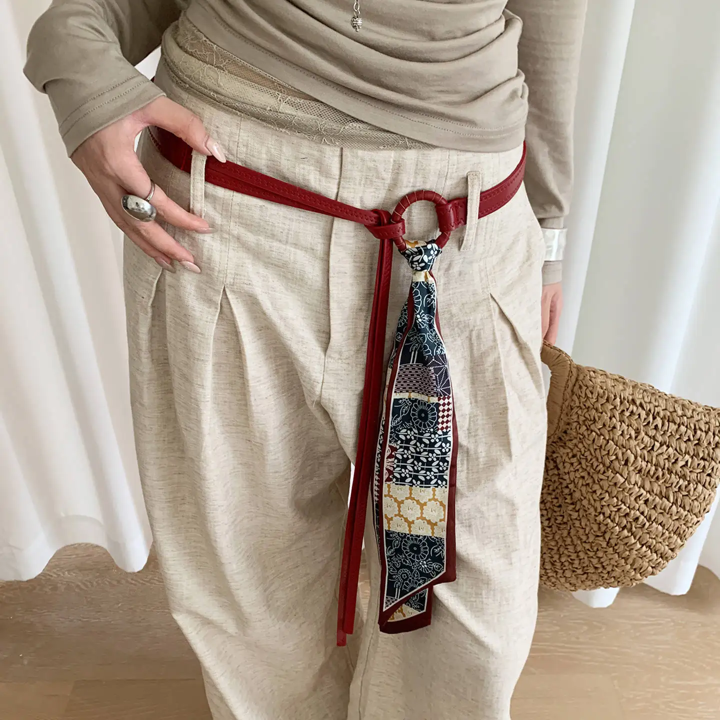 Women's Silk Scarf Belt Accessories, Ribbon Waist Belts, Hip-Hop Punk Vintage Decorative Belts for Jeans in Red