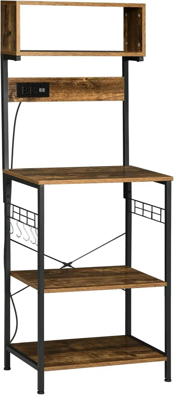 

Kitchen Bakers Rack with Power Outlet, USB Charger, Microwave Stand, Coffee with Adjustable Shelves, 5 for Spices, Pots and Pa