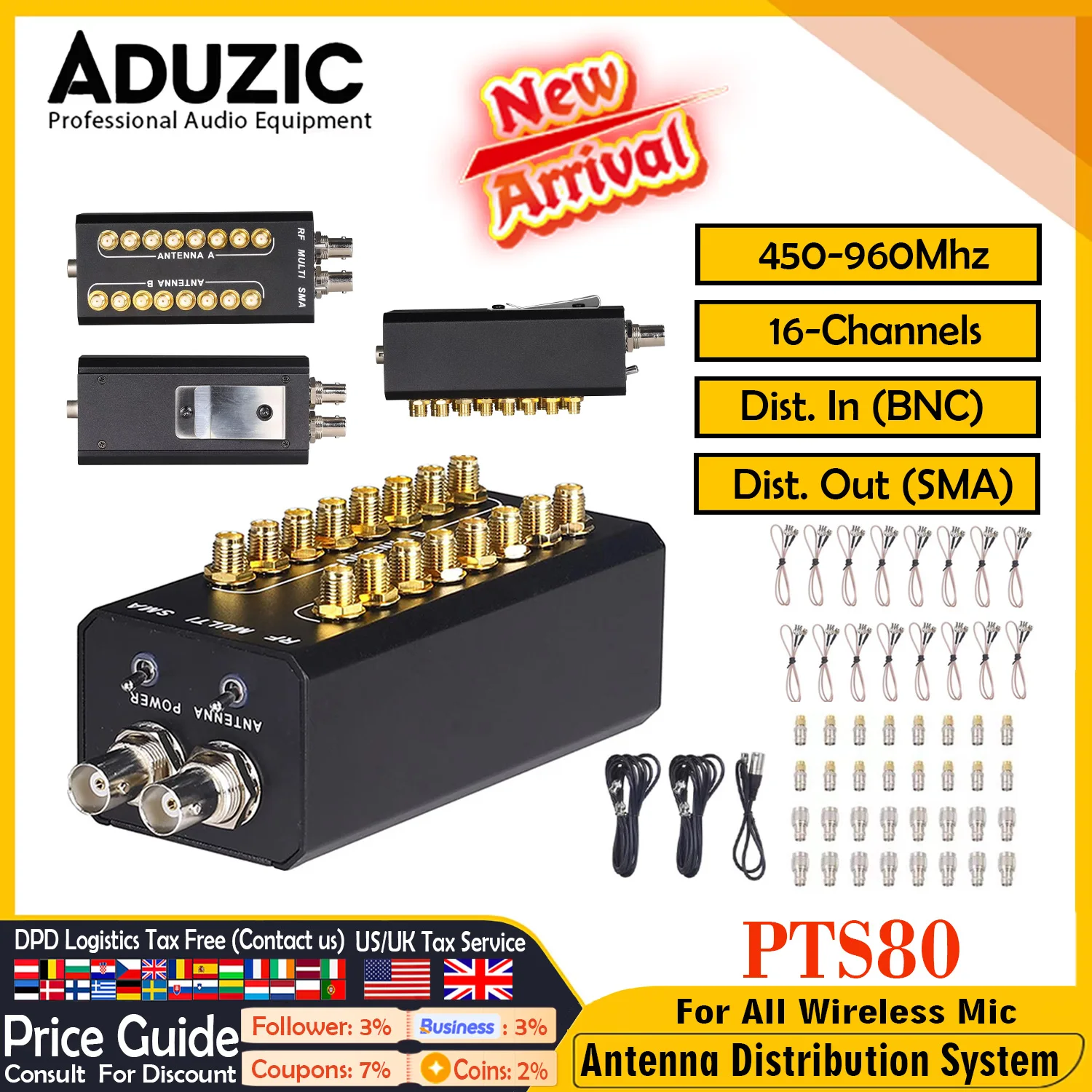 

Aduzic PTS80 Antenna Combiner RF Distribuidor De Antenas UHF Antena RF Signal Splitter UHF Microphone Antenna SMA/BNC Cables