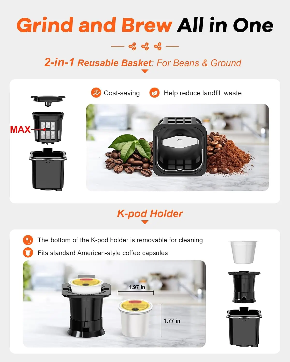 Single Serve Coffee Maker with Built-in Grinder, Fast Brew 6-16oz Single Cup for Whole Beans, Grounds, K Pod, Grind and Brew Cof