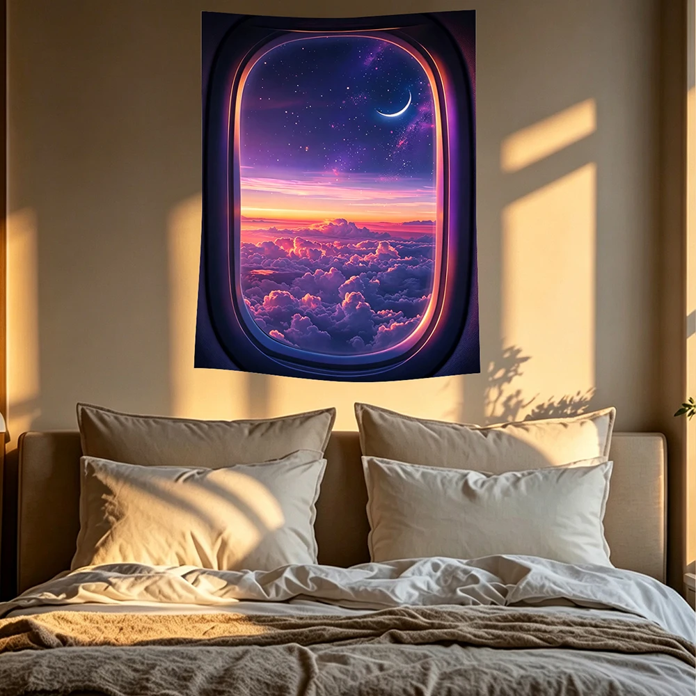 Aesthetic Airplane Window Scenery Background Cloth – Realistic Sky and Cloud View Bedroom Room Home Decoration ﻿