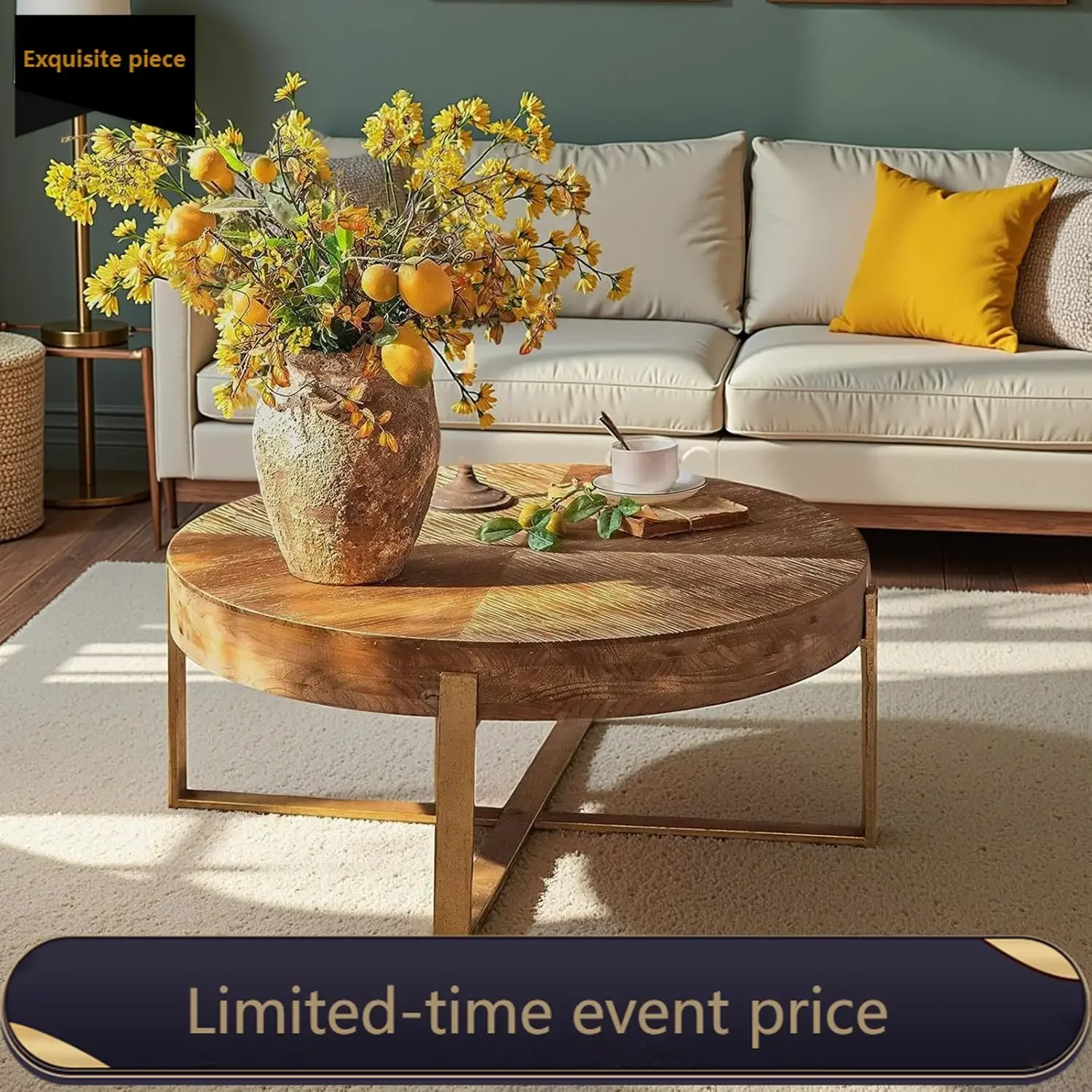 

Round Wood Coffee Table Living Room Circle Wooden Table Gold Metal Legs Rustic Vintage Easy Assembly Espresso 3228 D 3228 W 1772