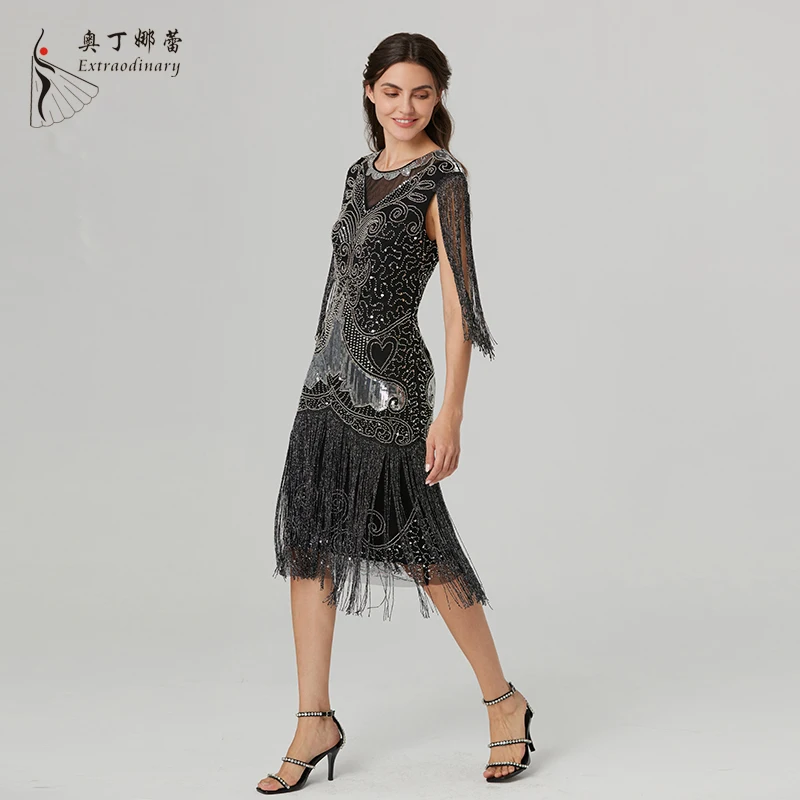 Women Sequins Dress 1920s Fringe Vestidos Vintage Great Gatsby Party Cocktail Dress V-Neck Sequin  Embroidery