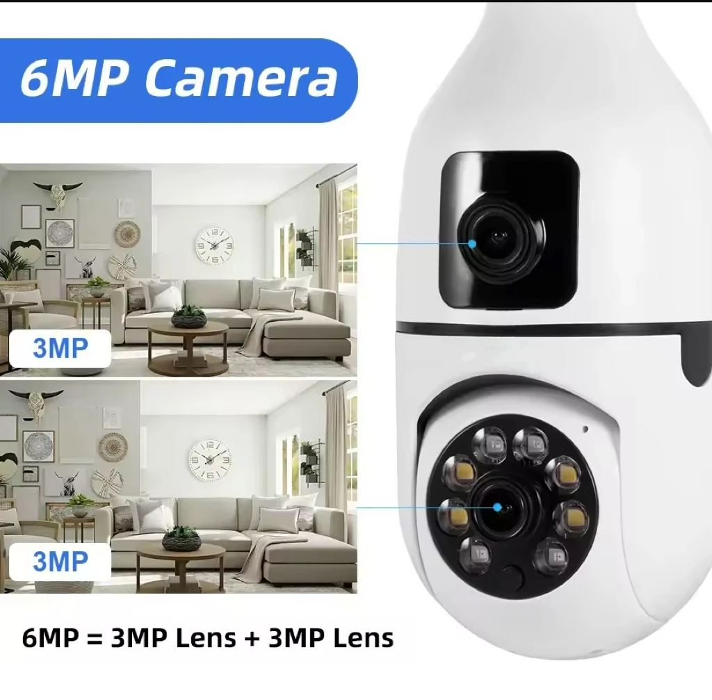 CCTV-Überwachungskamera mit Doppelobjektiv, PTZ-Kamera, Nachtsicht, Personenerkennung, WLAN, Smart Home, 6 MP Glühbirne, 2,4 GHz