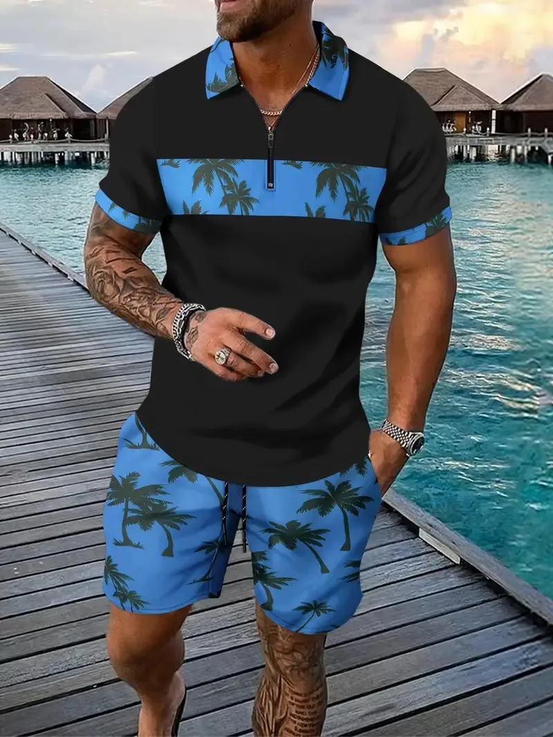 Hawaii 2pcs sets 3D Coconut tree print Zipper Polo Shirt Short Sleeve Shirt and Shorts Casual Fashion Zip-Up Man 2PCS Sweatshirt