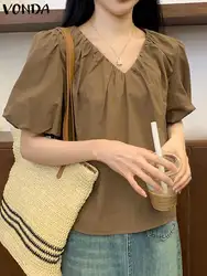 VONDA Women Summer Top 2024 Fashion Blouse Sexy V Neck Casual Pleated Short Puff Sleeve Solid Color Blusas Femininas Loose Shirt