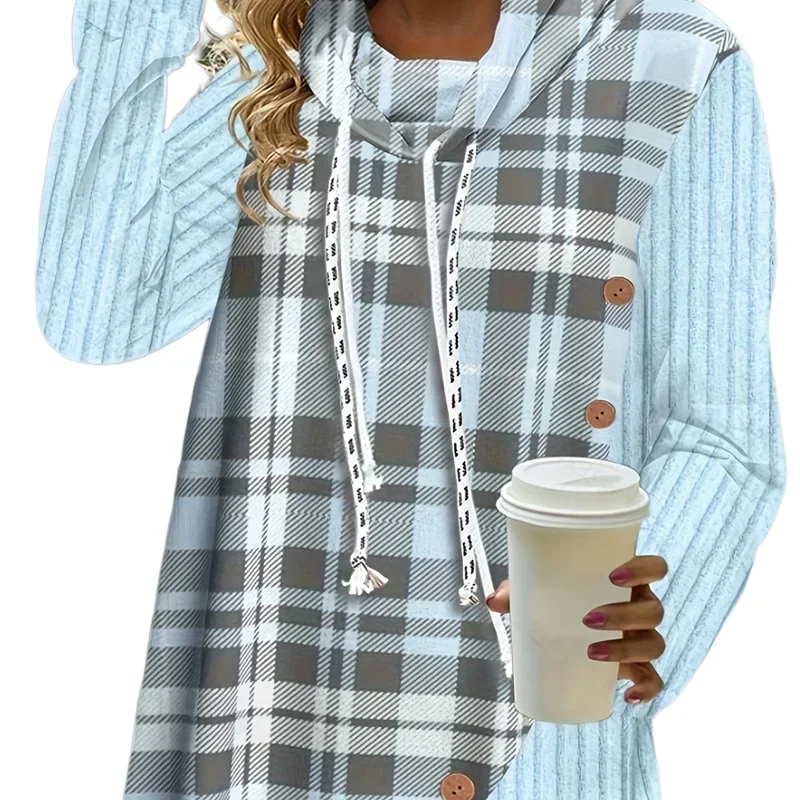 Women\'s Plus Size 1XL-5XL Personality Splicing Top Fashion Button Breathable Hoodie Casual Long-sleeved Hoodie