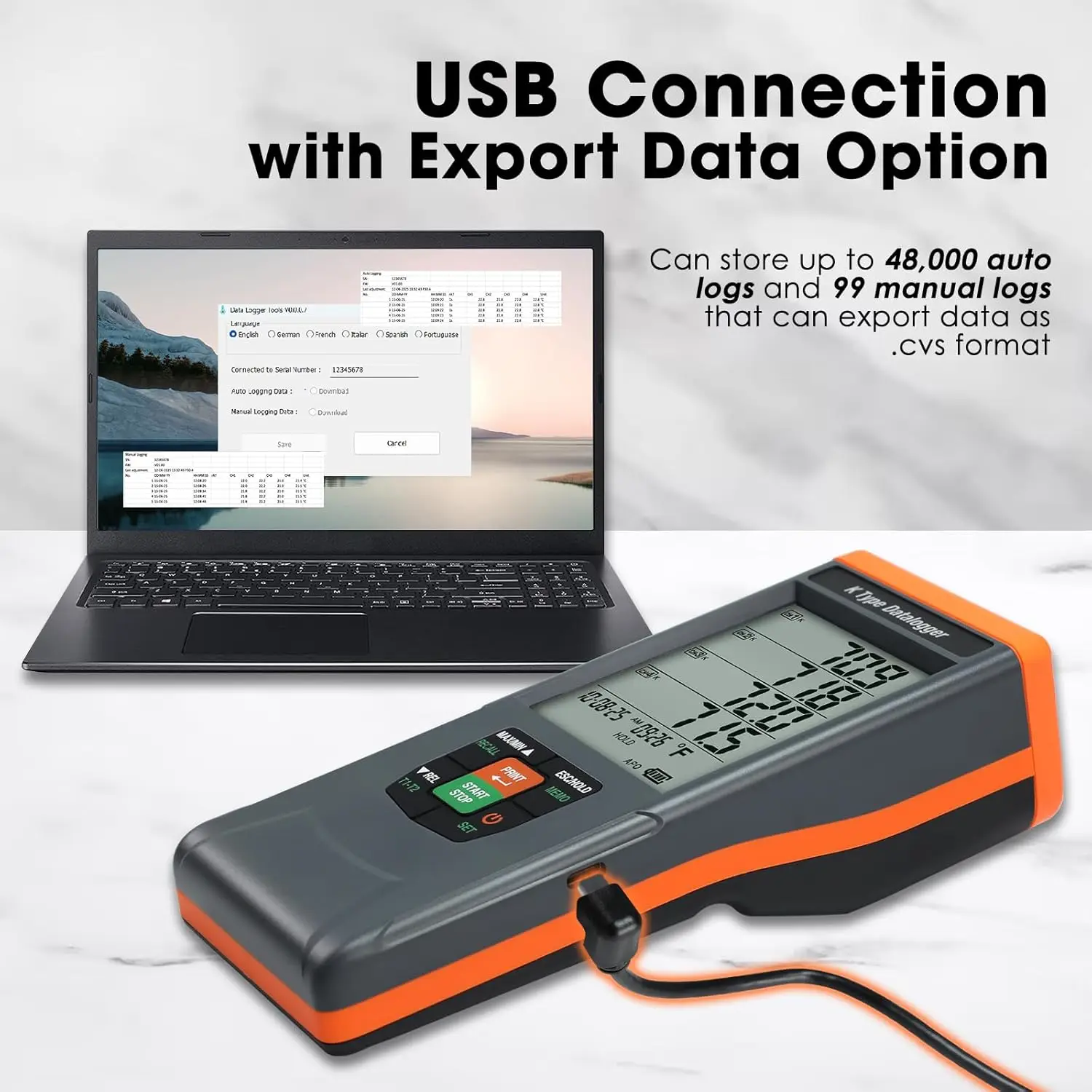 4-Channel Digital K-Type Thermocouple Thermometer Data Logger Backlight Buzzer Alarms USB Export ABS Material Temperature