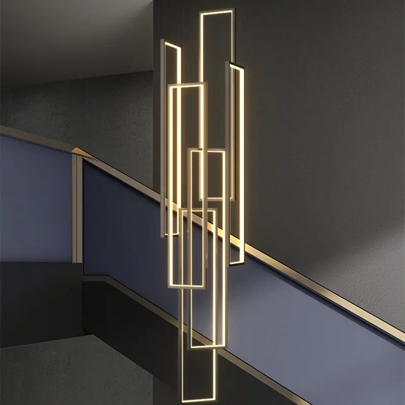 

Stair long chandelier Modern LED Minimalist creative rectangular villa duplex chandelier Nordic luxury loft living room Lamps