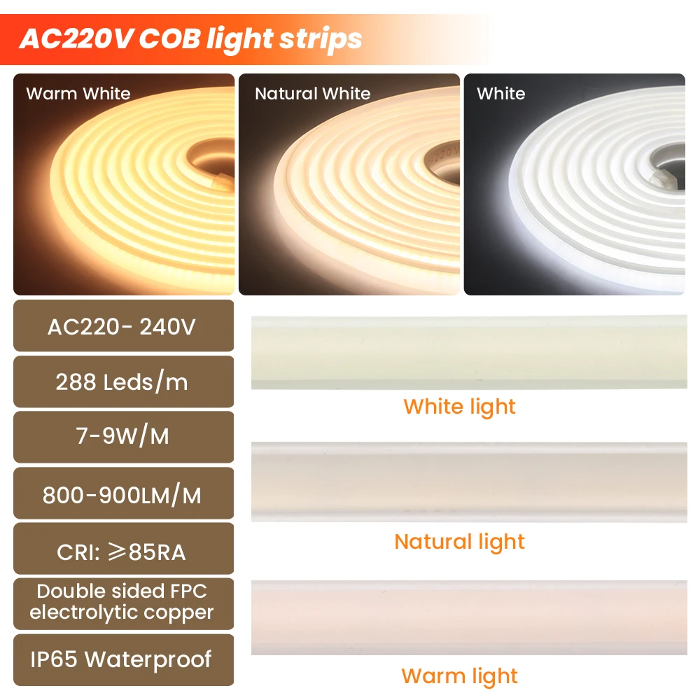 COB LED Strip 220V 110V Dimmable Silicone Neon Strip High Bright 288Leds/m Flexible LED Tape Light Bar Waterproof Outdoor Lamp