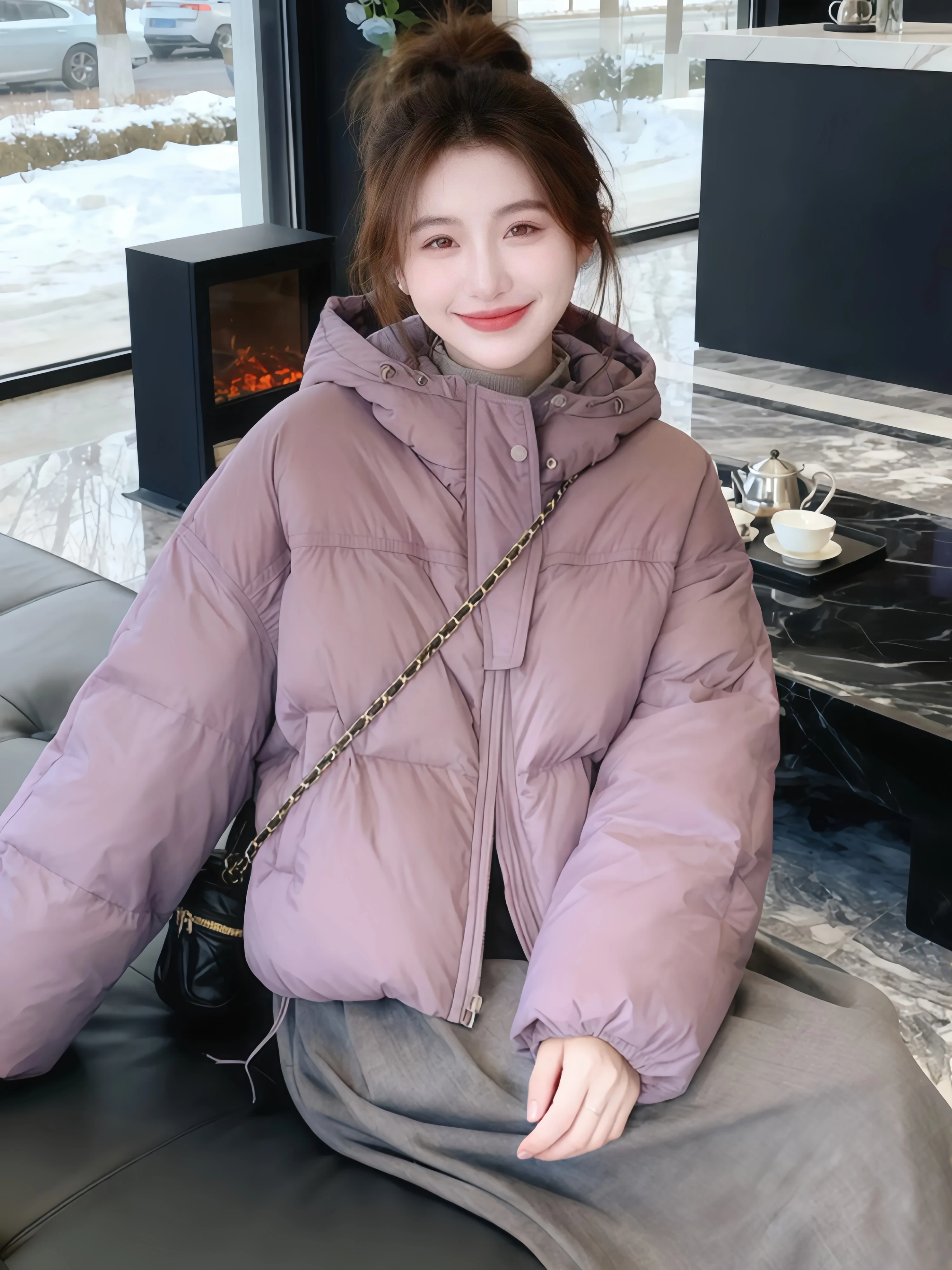 Retro Japanese Style Thickened Short Purple Bread down Cotton Jacket Women's Winter Coat Small Size Commute Korean Version