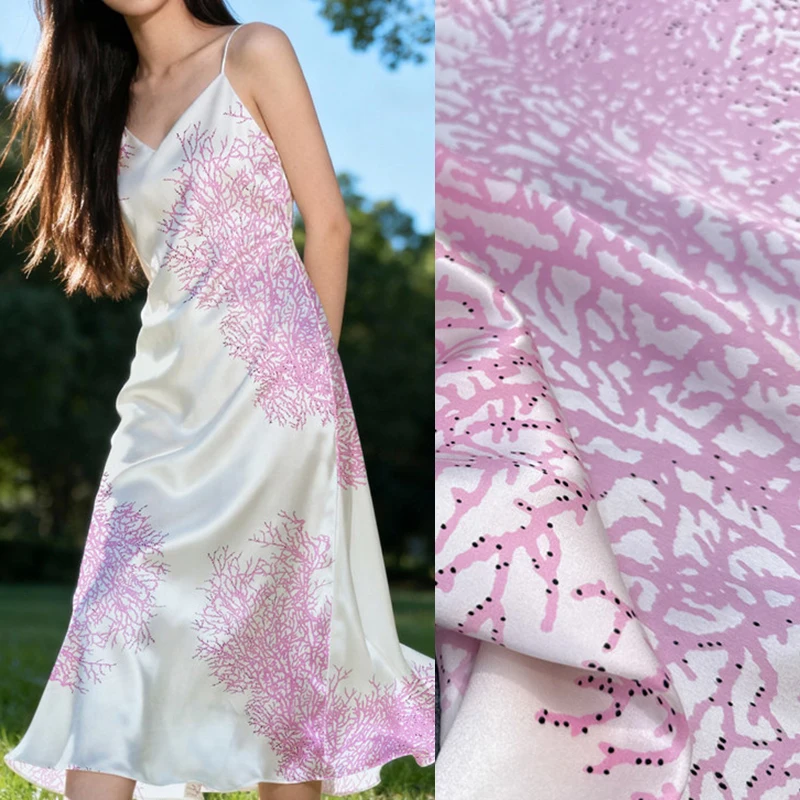 16.5MM Thick 114CM Wide Pink Coral Printed Silk Crepe Plain Fabric for Summer Dress Pants Clothes DIY Sewing Material R6314-5