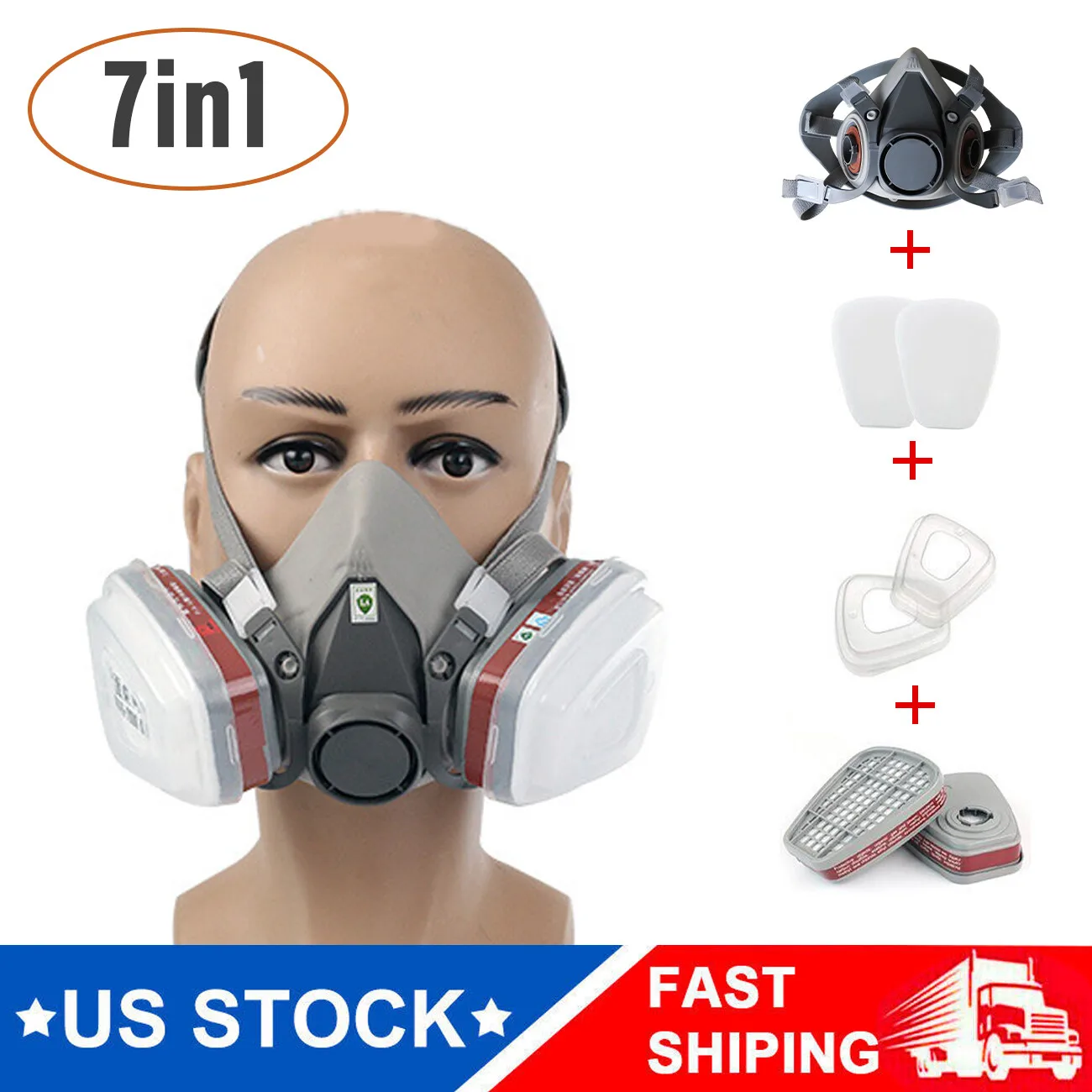 7-in-1 6200 Half Face Respirator Kit, Reusable Rubber Half Face Mask with 6001 Cartridges, 5N11 Filters & 501 Retainers, Protection Against Organic Vapors & Dust, Not NIOSH Approved