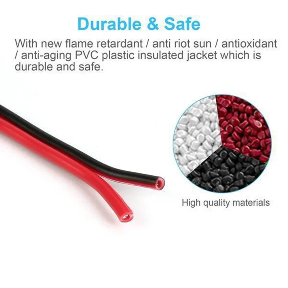 STONEGO 2-Pin LED Strip Extension Cable - 5m/10m/20m Lengths, Red & Black, 22AWG, for 3528/5050 Single Color LED Strips