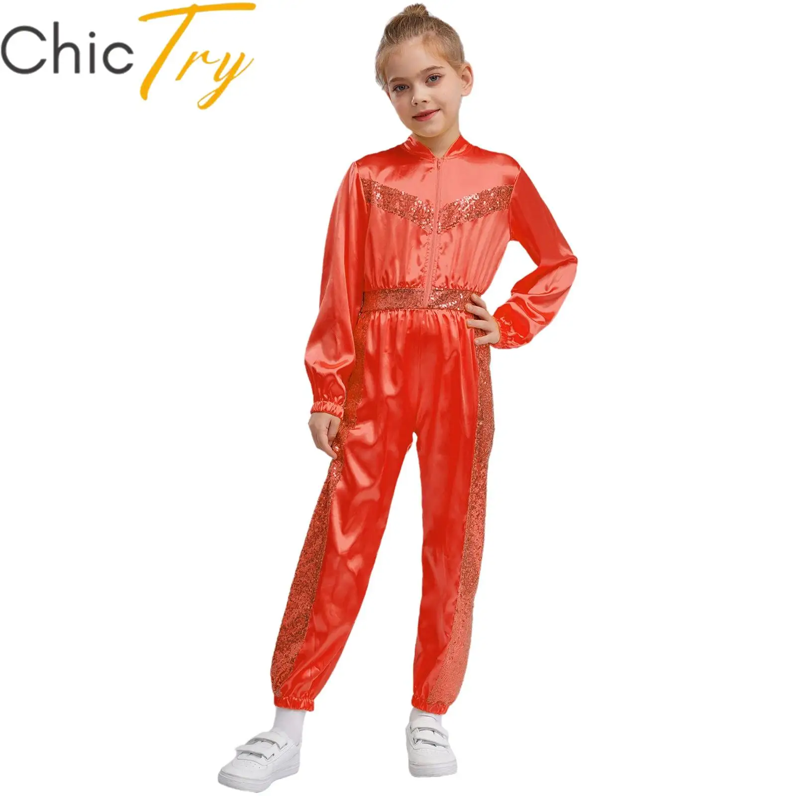 Kids Girls Shiny Sequins Jumpsuit School Party Jazz Hip Hop Street Wear Dance Stage Performance Costumes Long Sleeve Bodysuit