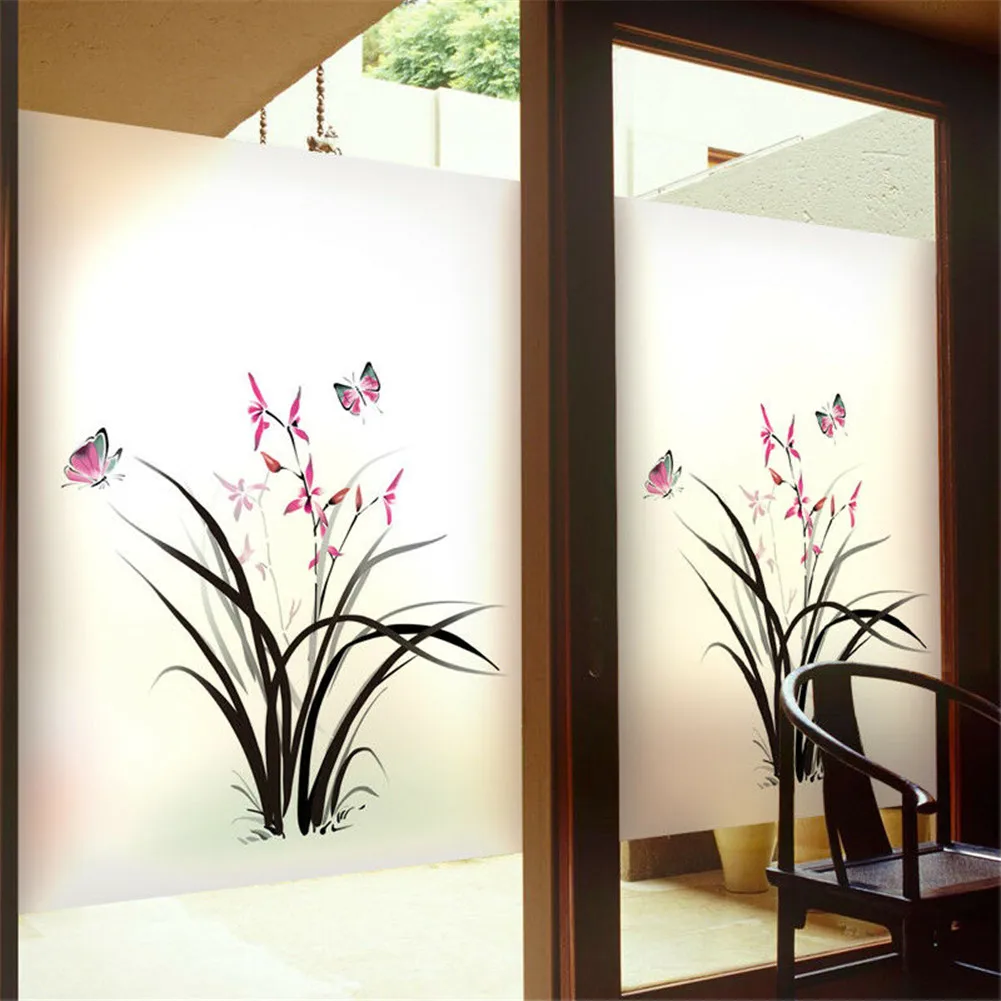 

Privacy Window Film UV Blocking Heat Control Window Coverings Static Cling Orchid Pattern Glass Sticker for Decoration