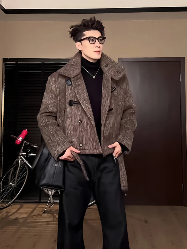 

Мужское зимнее шерстяное пальто в американском ретро-стиле, с воротником-стойкой, из хлопка, в британском необычном стиле, с эффектом высокого качества