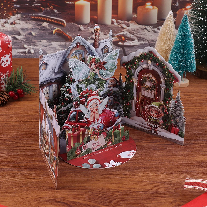 بطاقة عيد الميلاد ثلاثية الأبعاد - ليلة قبل مشهد عيد الميلاد مع سانتا وقرية الثلج، تحيات العطلات التفاعلية #2