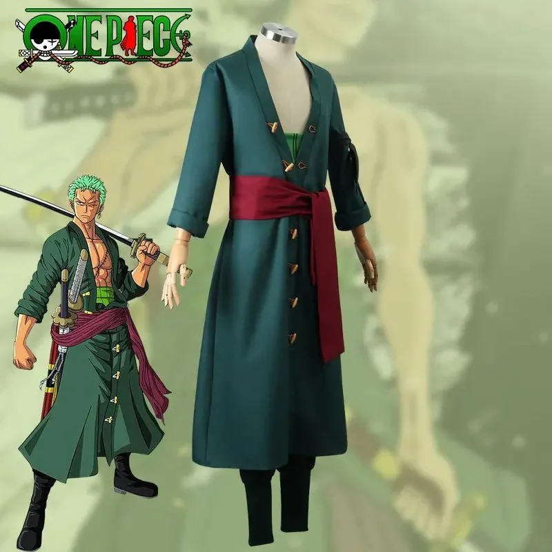 CosplayAnime One Piece-Disfraz de Roronoa Zoro, abrigo verde, peluca, pendientes, conjunto completo, uniforme, traje, trajes de fiesta de Halloween para anuncios