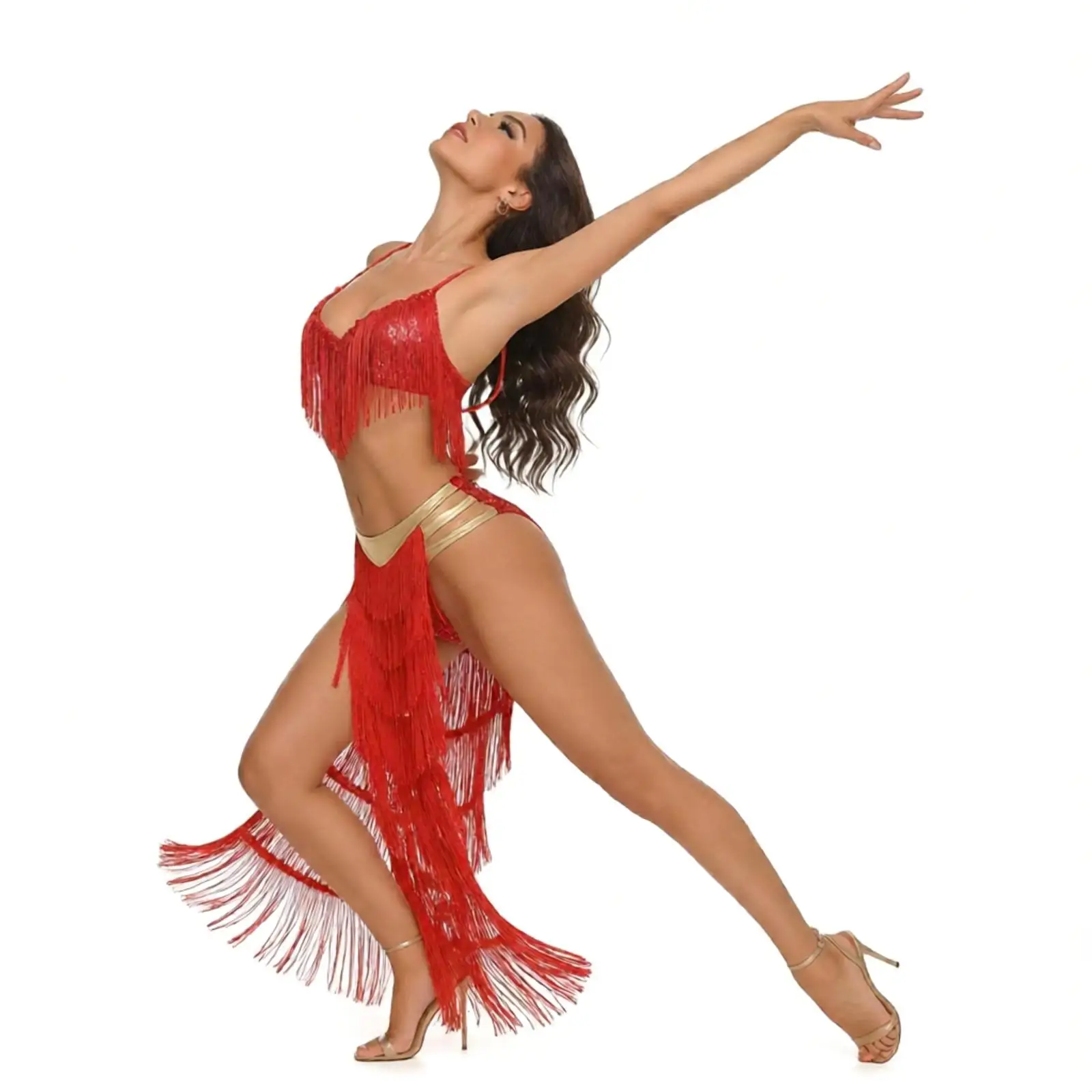 Women Lyrical Fringe Belly Latin Cha-cha Dance Outfit Lace-up Halter Crop Top And Tassel Slit Skirt Briefs Gloves Belly Dancing
