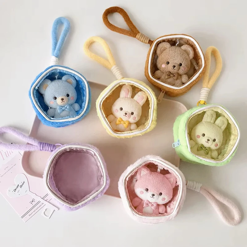 Kawaii Candy Color Plush Coin Purse Clear Window Small Doll Display Pouch Portable Zipper Mini Storage Bag Exquisite Bag Pendant
