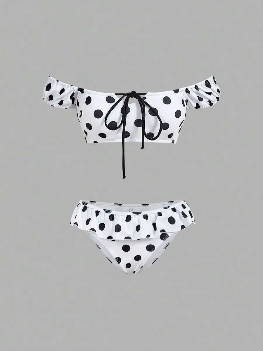 

Womens Off Shoulder Polka Dot Ruffle Hem Tankini Set Beach Swimwear