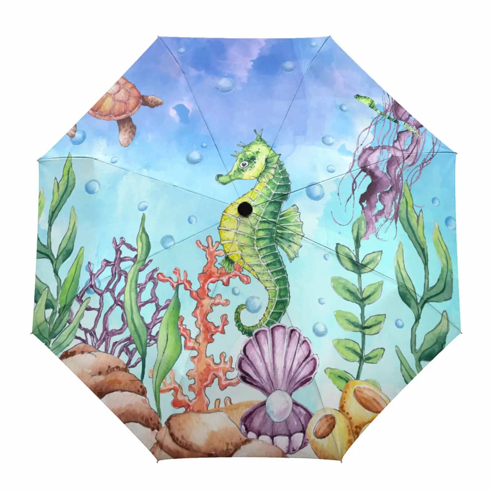 Marine Turtle Seahorses Pearls Shells Corals Outdoor Fully-automatic Folding Eight Strands Umbrellas for Kids Printed Umbrella