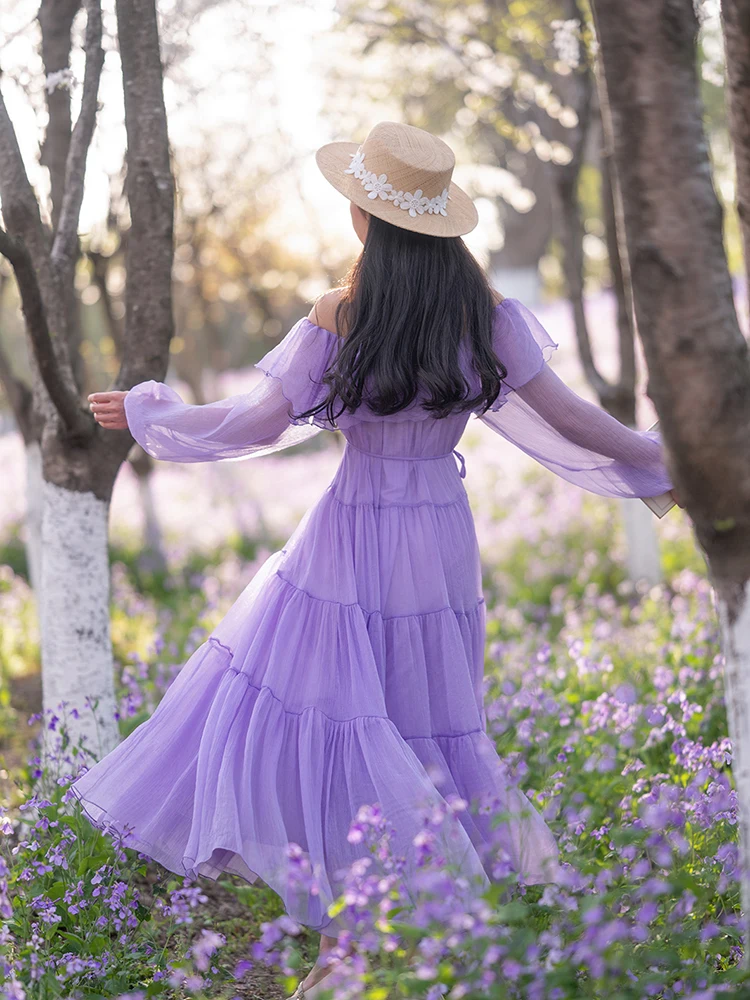 TIYIHAILEY Long Maxi Chiffon Women Ladies Dress Full Lantern Sleeve 2025 Slash Neck S-M Spring Autumn Summer Purple Yellow White