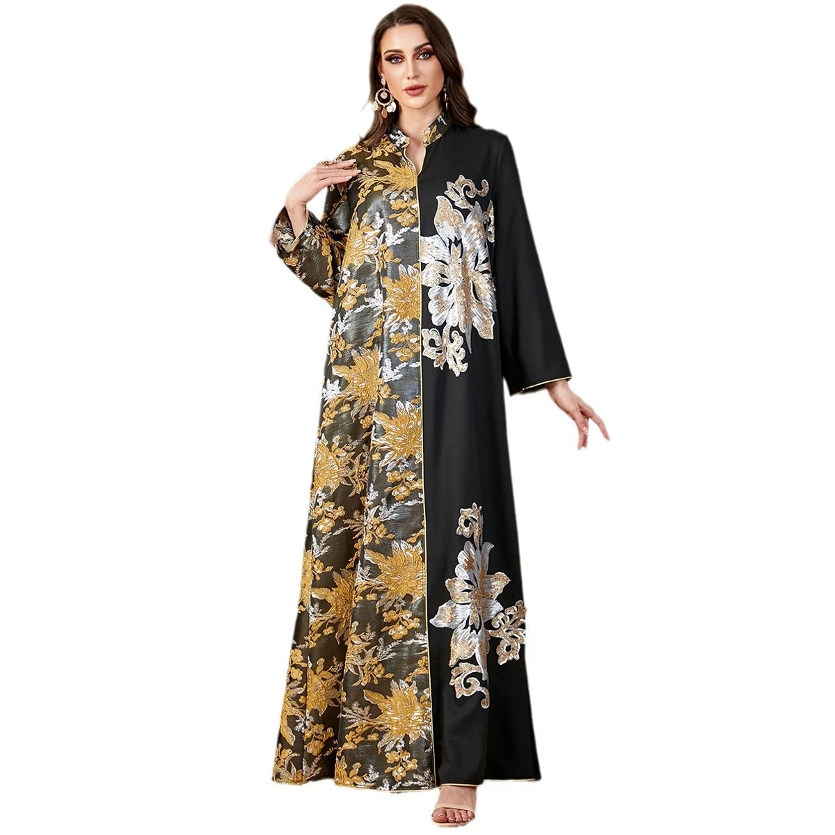 Ramadan Morocco Muslim Fashion Saudi Arabia Dubai Women's Jacquard Robe Contrast Splicing Long Dress V-neck Islamic Dress