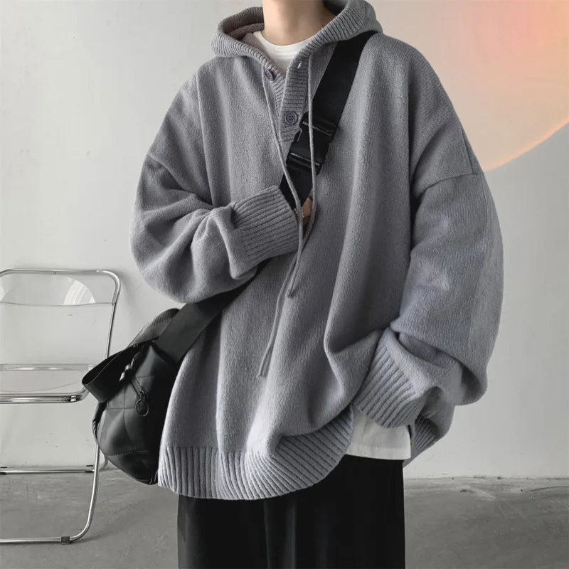 Inverno com capuz camisola masculina quente moda casual malha pulôver coreano cinza preto solto manga longa camisola dos homens roupas de jumper