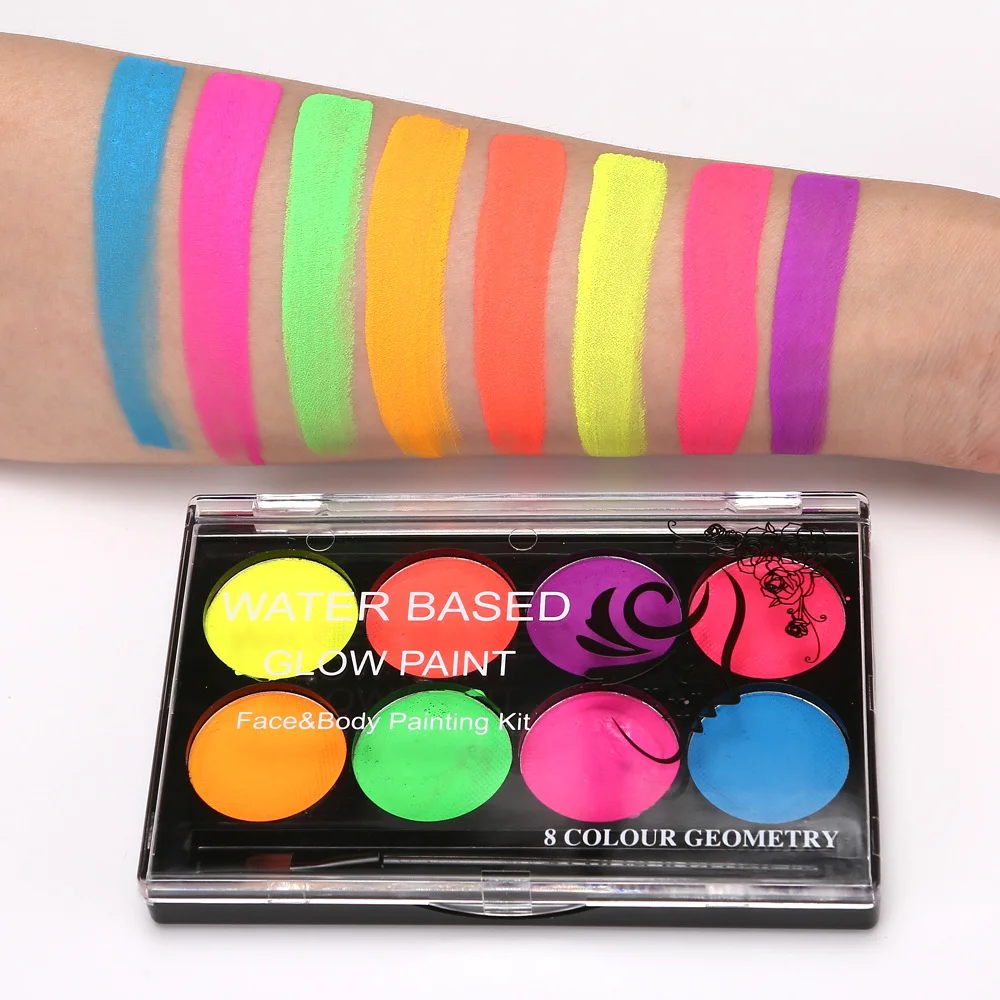 8 สีเรืองแสง Glow-in-the-dark Face ภาพวาดธีมคริสต์มาสล้างทําความสะอาดได้ละลายน้ําเครื่องสําอางฮาโลวีนคอสเพลย์แต่งหน้า
