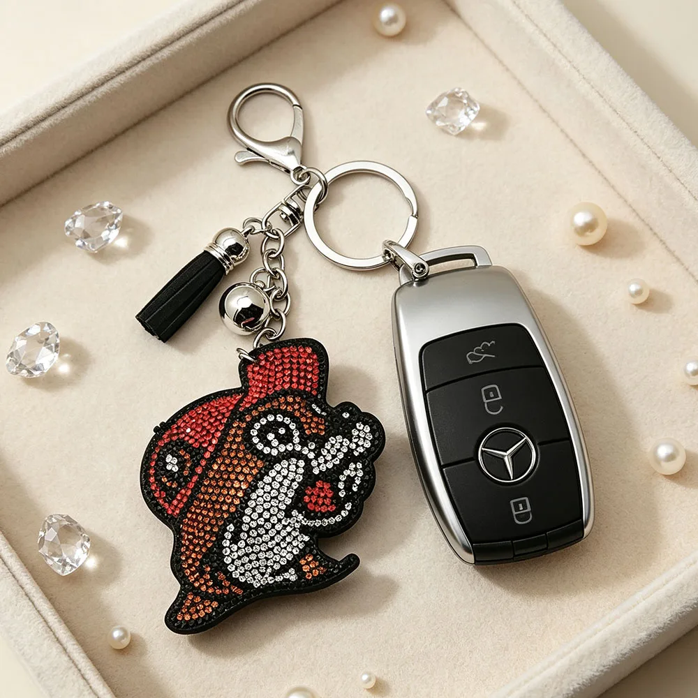 Bling Rhinestone Squirrel Keychain with Tassel Bell, Cute Animal Bag Charm Llavero