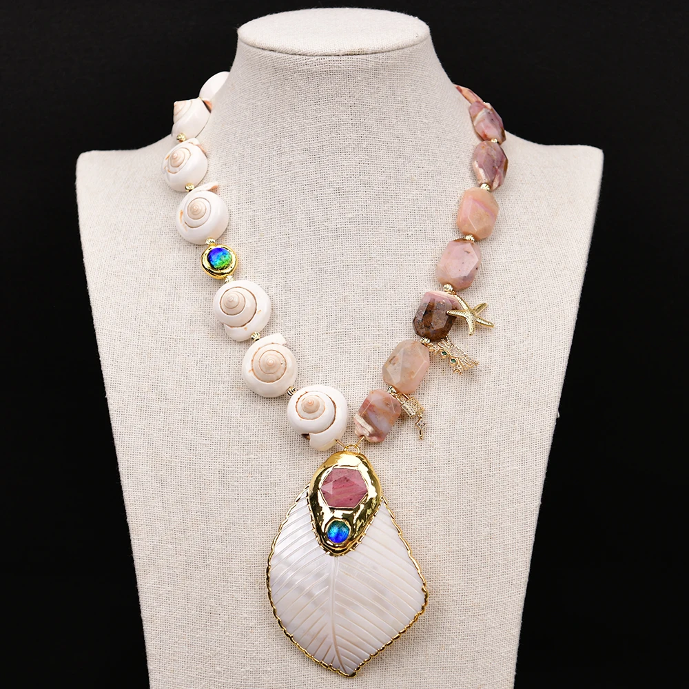 G-G Natural White Shell Pearl Rhodonite Stone Large Shell Paved Gemstones Blue Murano Glass Pendant Necklace