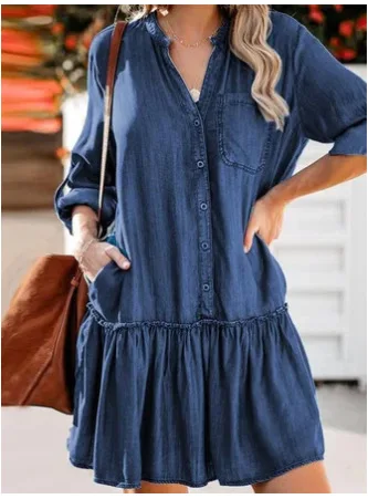 シングルブレストデニムシャツドレス女性のためのエレガントな長袖パッチワークカジュアルドレス原宿夏 O ネックスリムパーティードレス