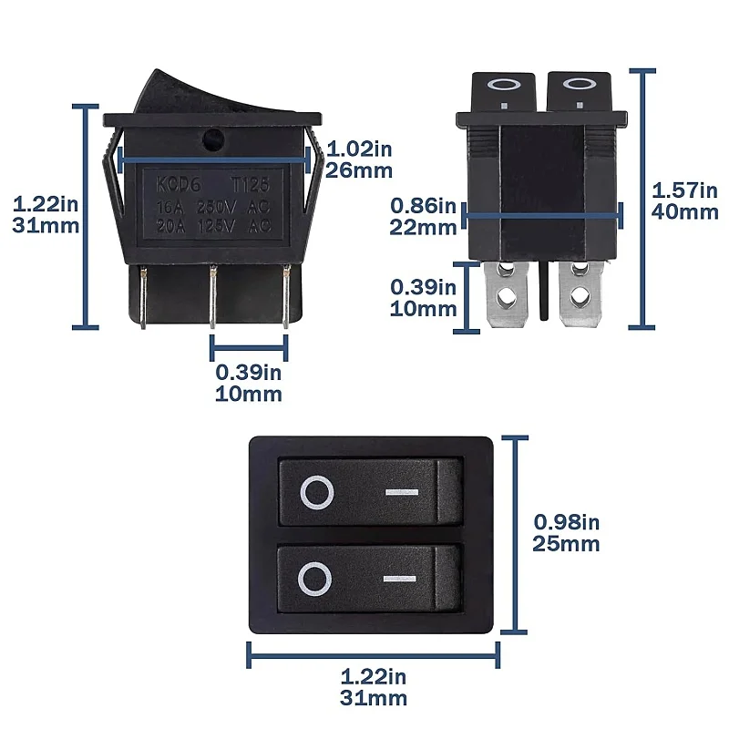 Double Rocker Switch 6-Pin On/Off Double Switch 16A 250VAC 20A 125VAC 6 Pins Black Switch Button Switch Embedded (Pack of 6)