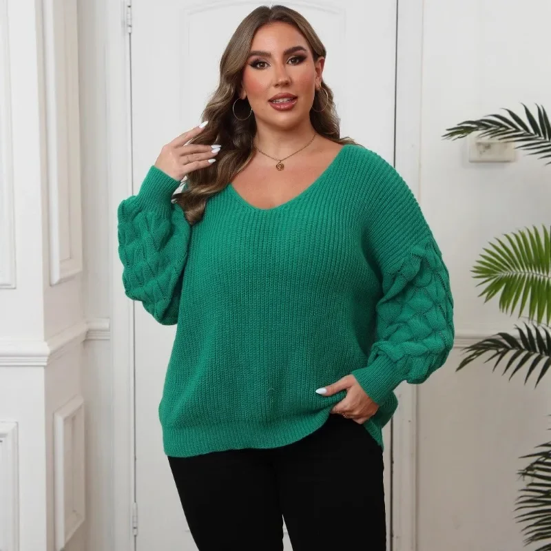Splicing Deep V Woven Base Shirt Casual Pullover Top Women's Solid Color Sweater Pineapple Sleeve