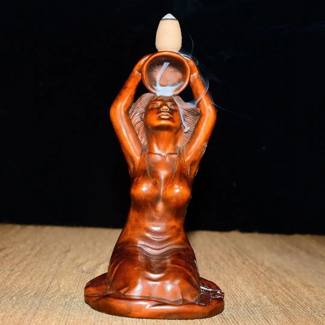 Hand Carved Wood Beauty kneeling  Backflow Incense Burner Statue Figurine Desktop Ornaments Home Decoration