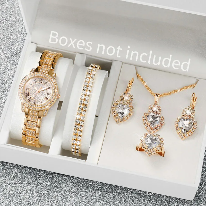 6PCS/Set أزياء الماس الكامل المرأة ووتش الذهب الصلب الفرقة الكوارتز الساعات الماس والمجوهرات مجموعة