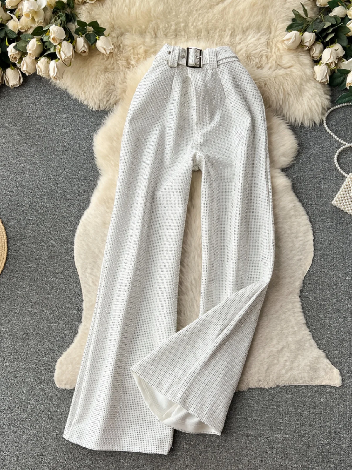 بنطلون طويل واسع الساق مزين بالأحجار اللامعة للنساء، فضفاض ونحيف، بتصميم أنيق وطويل يصل إلى الأرض، مناسب للعمل، بخصر عالٍ #3