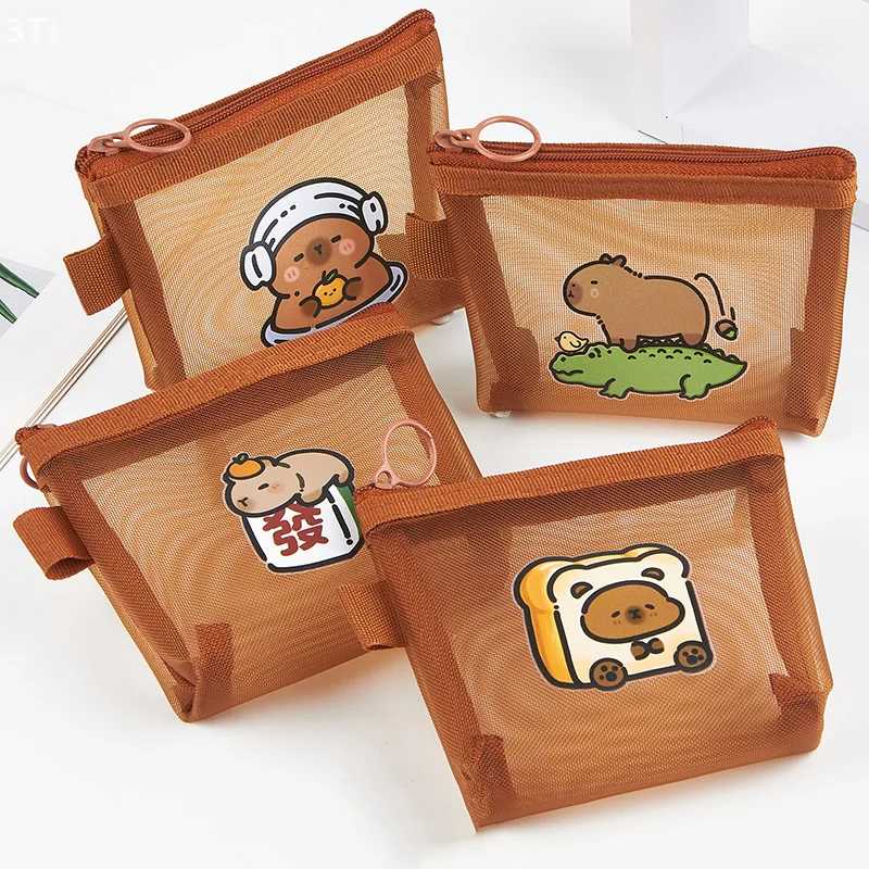 1 шт., модный сетчатый кошелек с изображением капибары, многофункциональный корейский стиль, чехол для ключей на молнии, прозрачная мини-косметичка для путешествий