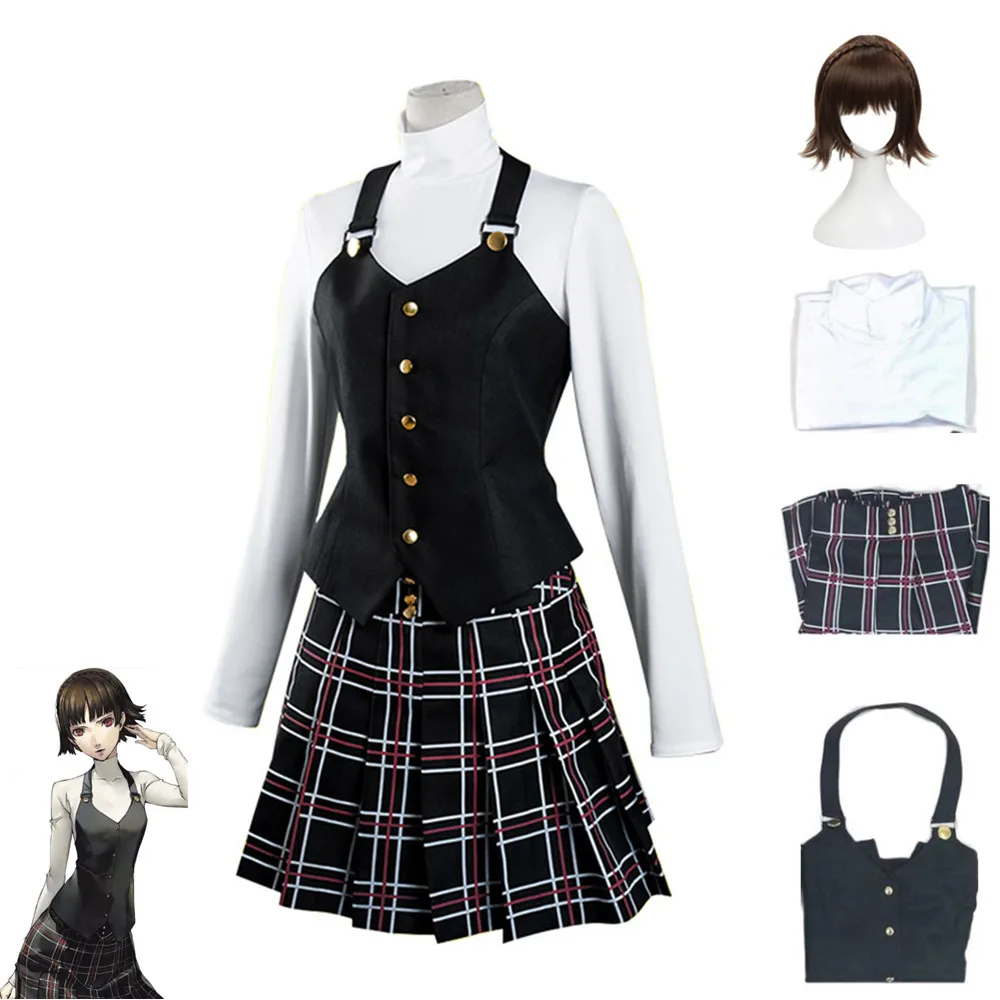 Anime Persona Makoto Niijima Cosplay Kostüm Langarm gestrickt Top bedruckte Rock Strümpfe Weste Perücke japanische Schuluniform