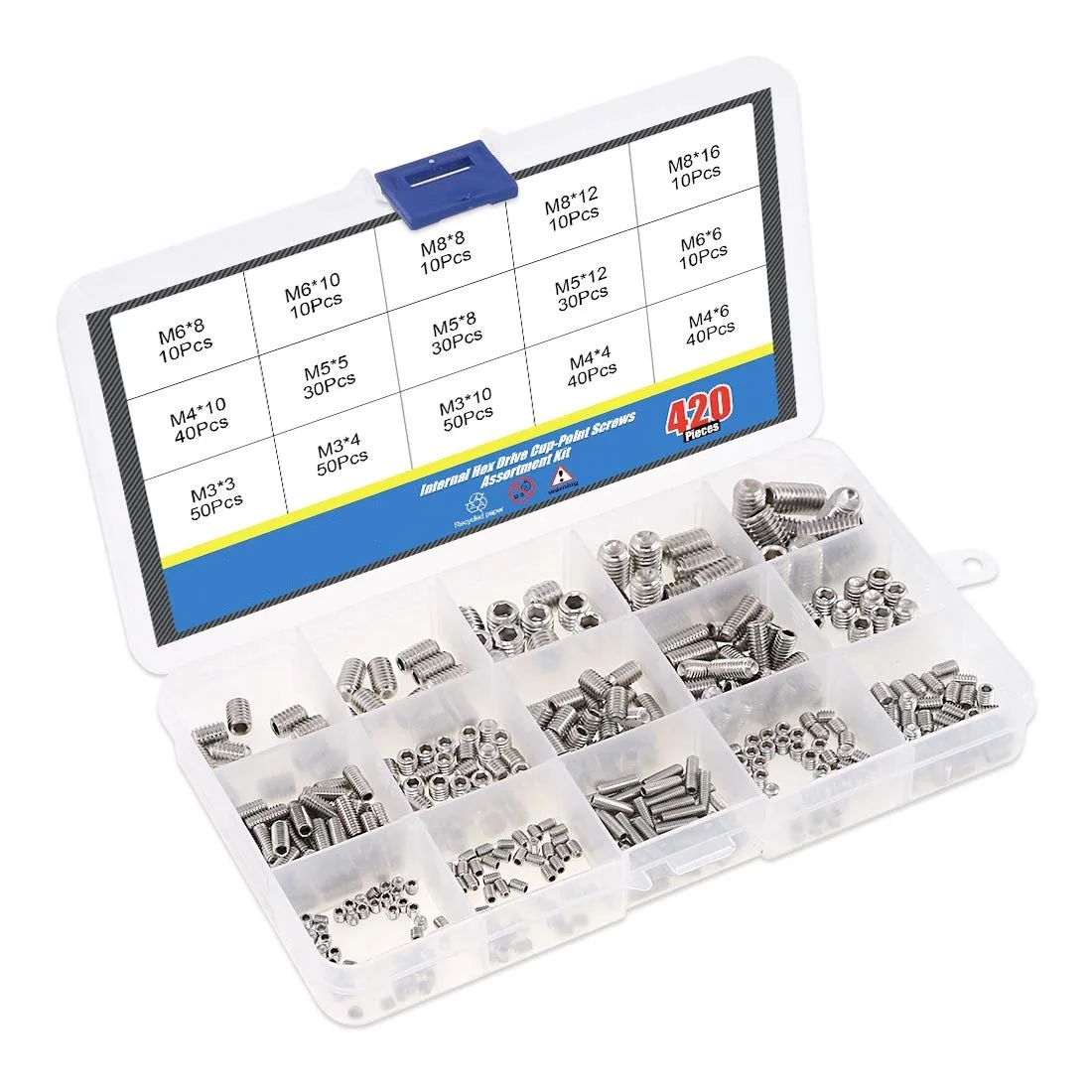 420PCS M3 M4 M5 M6 M8 Hex Socket Head Cup Point Set Screws 304 Stainless Steel Assortment Kit
