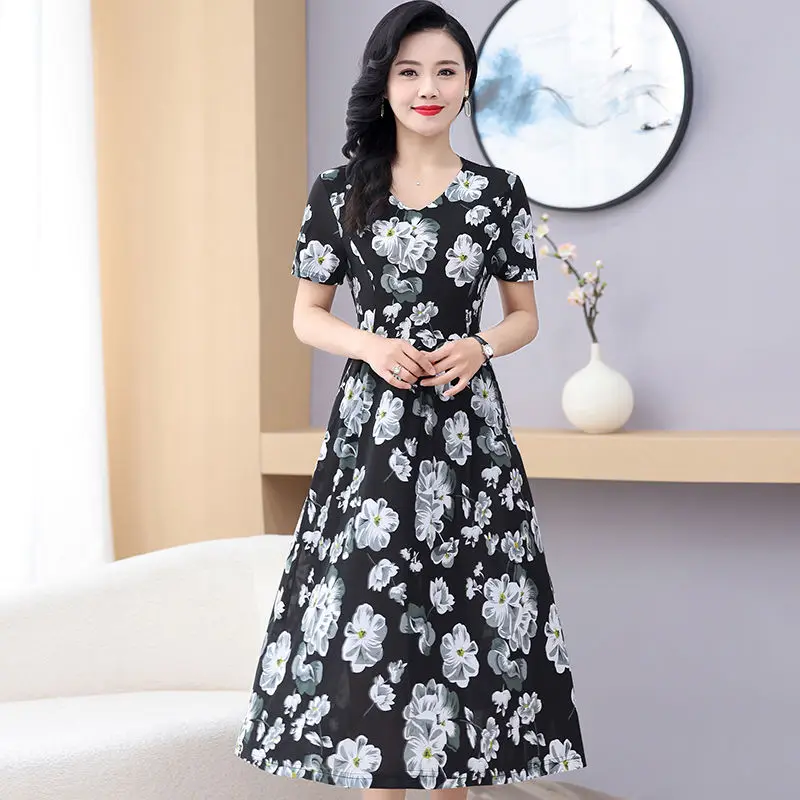 Sommer New Faion Print Ort Sve Knielanges Midi Dr. Ele Godd Personali High-End Casual Floral Dr