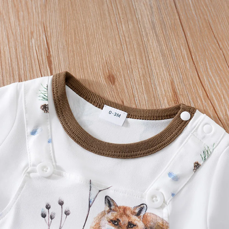 Newborn Clothes 0-18 Snow Fox Full Print Fake Shoulder Strap For Comfortable Boys And Girls Summer Short Sleeved Baby Jumpsuit