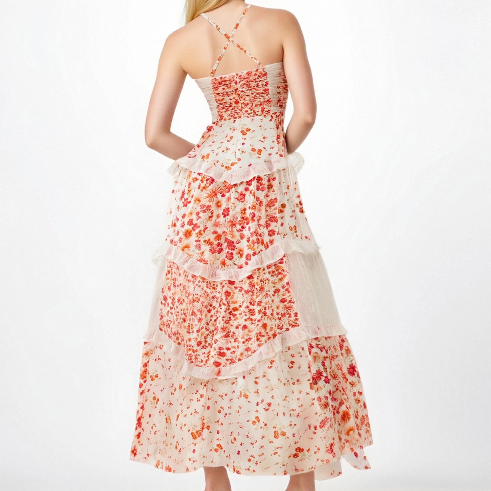 Abito lungo estivo da donna di nuova moda, senza maniche, aperto sul retro, scollo a V, stampa floreale, abito da spiaggia, vendita calda SML